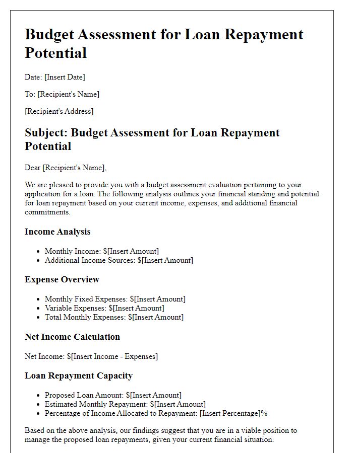 Letter template of budget assessment for loan repayment potential