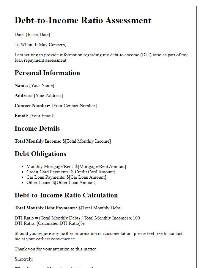 Letter template of debt-to-income ratio for loan repayment assessment