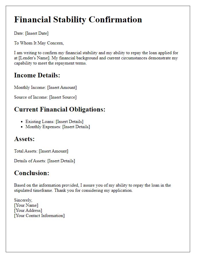 Letter template of financial stability for loan repayment demonstration