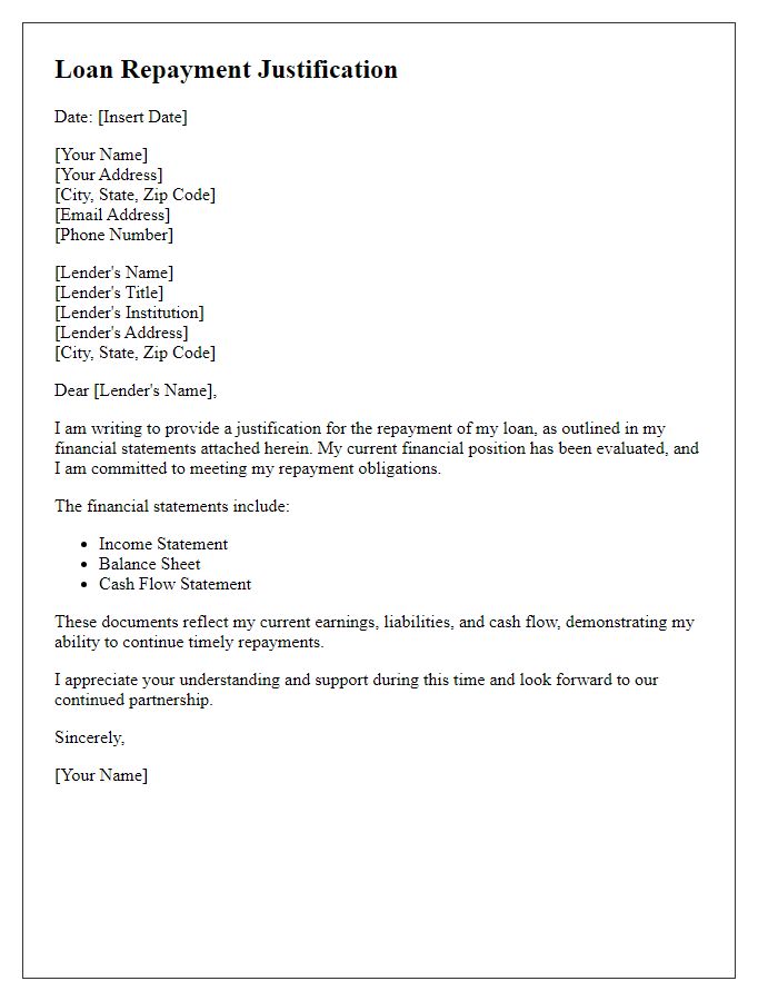 Letter template of financial statements for loan repayment justification