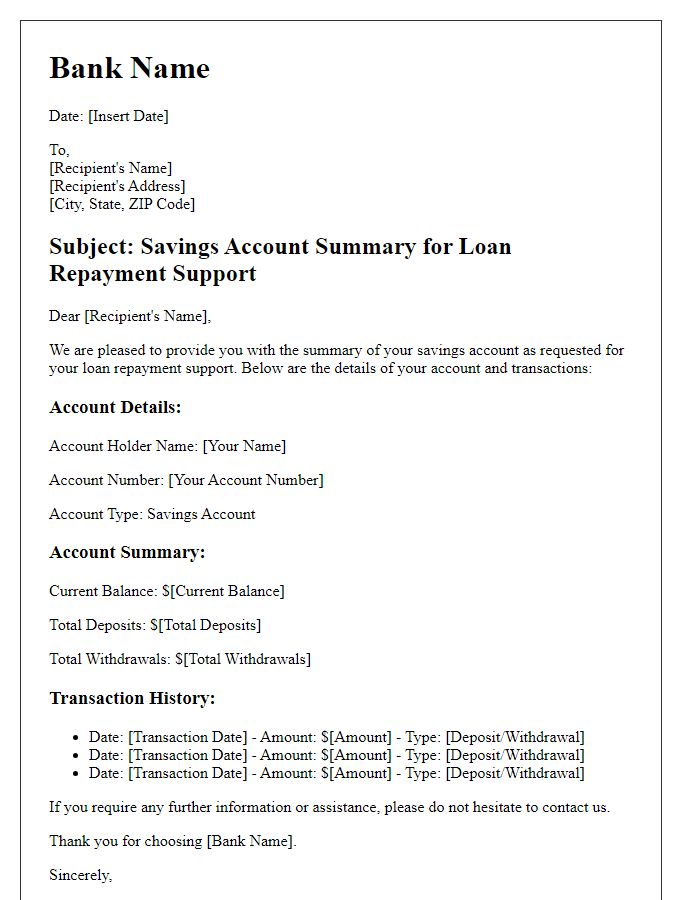 Letter template of savings account summary for loan repayment support