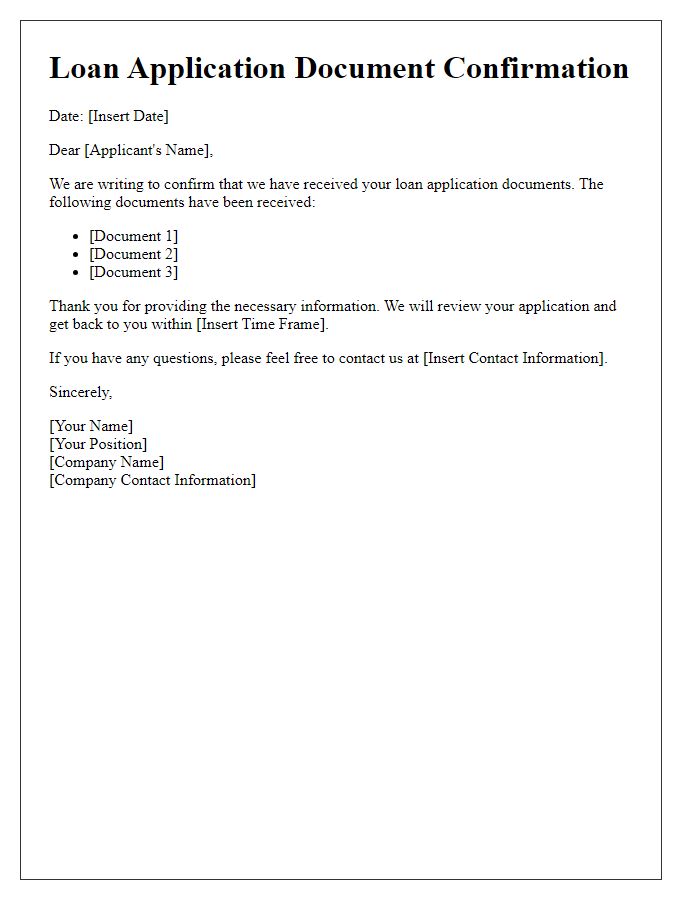 Letter template of confirmation for loan application documents received