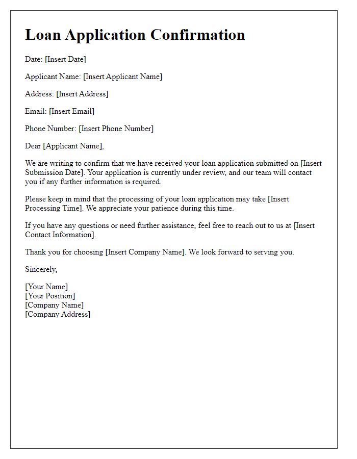 Letter template of confirmation regarding loan application submission