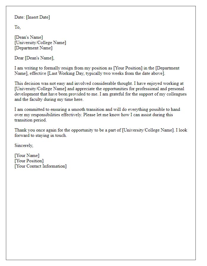 Letter template of faculty resignation notification to dean