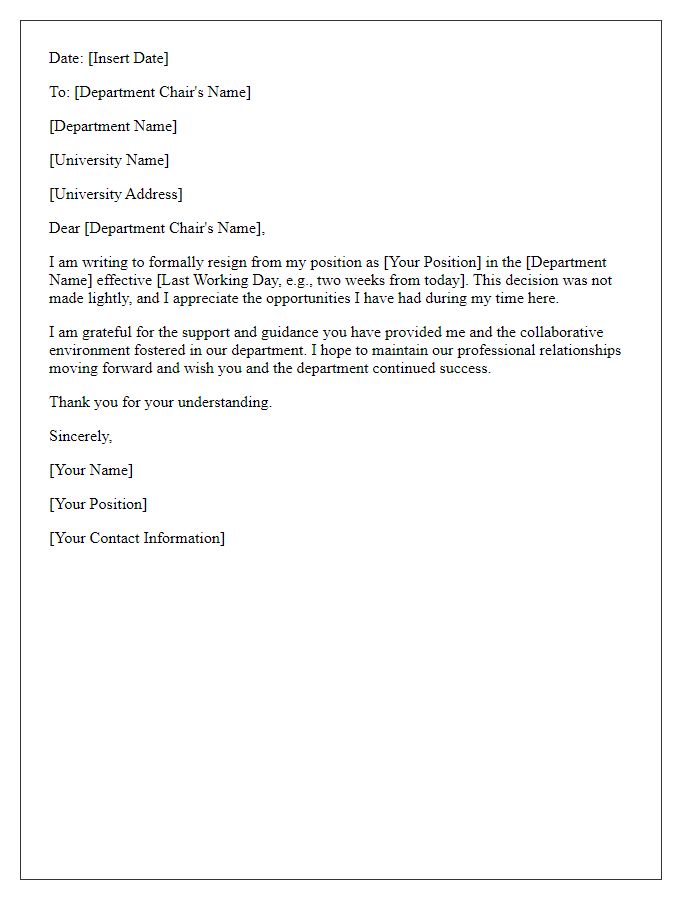 Letter template of faculty resignation notification to department chair