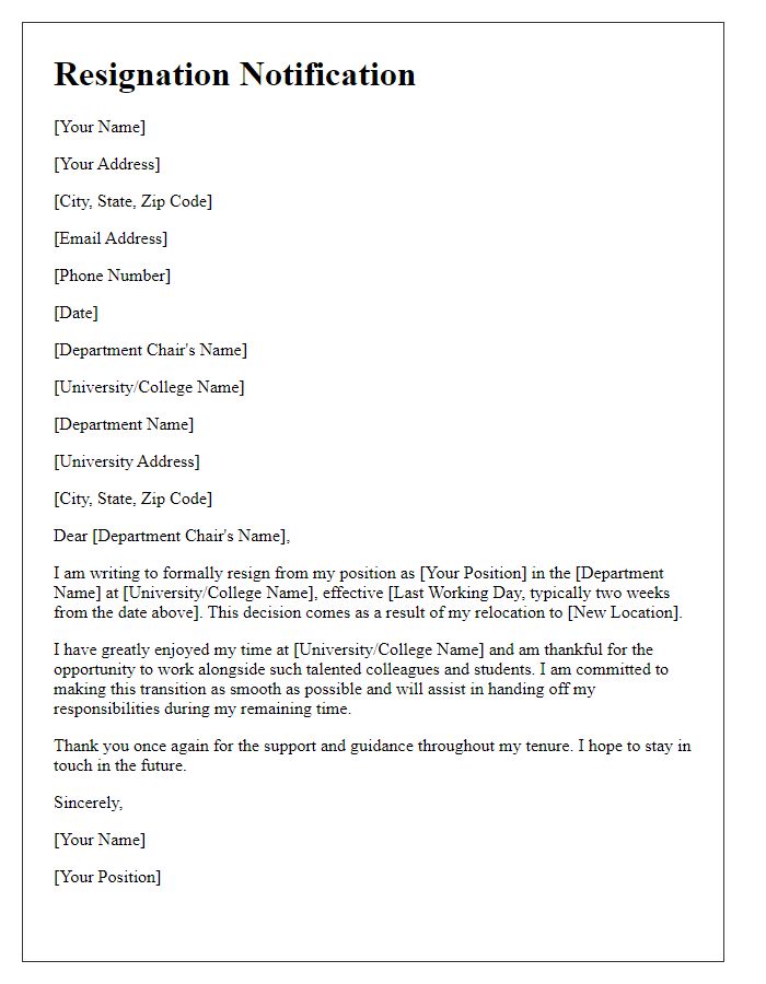 Letter template of faculty resignation notification due to relocation