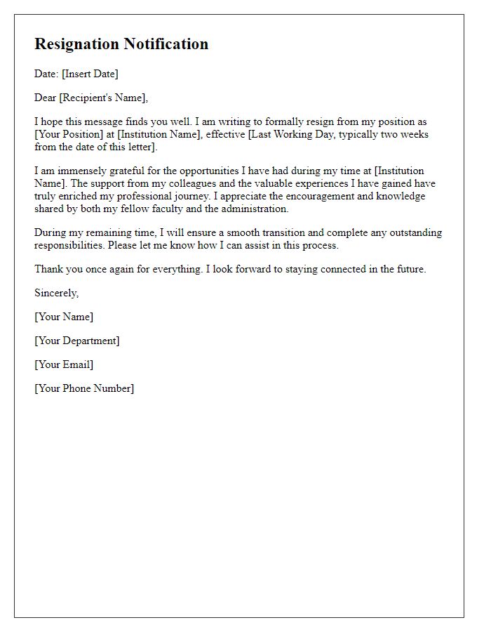 Letter template of faculty resignation notification with gratitude