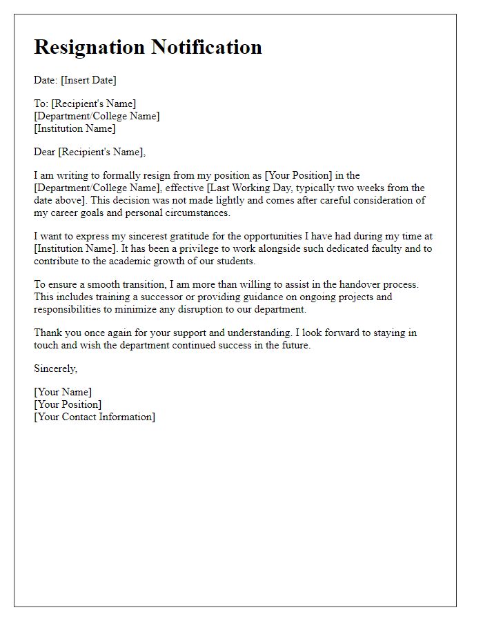 Letter template of faculty resignation notification with offer to assist transition