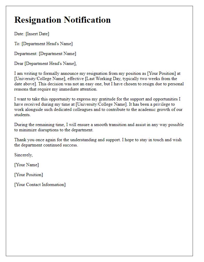 Letter template of faculty resignation notification for personal reasons