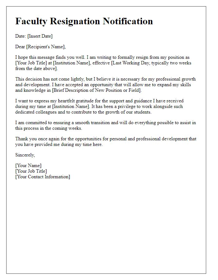 Letter template of faculty resignation notification for professional growth