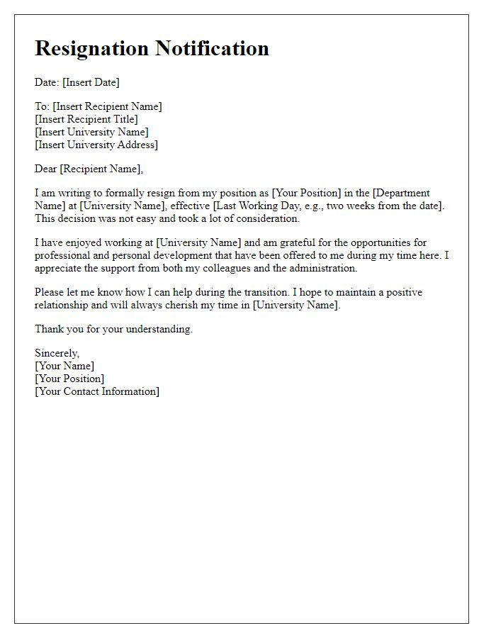 Letter template of faculty resignation notification to university administration