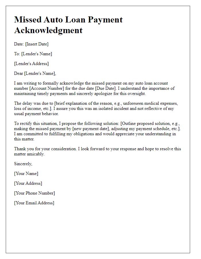 Letter template of acknowledgment of missed auto loan payment with a proposed solution.