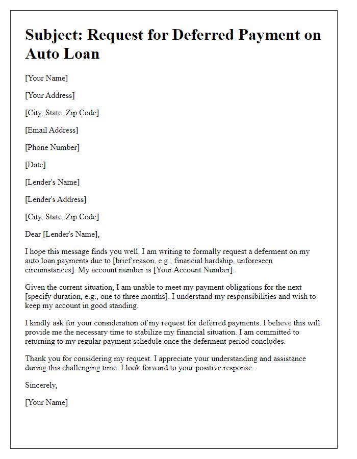 Letter template of appeal for deferred payment on auto loan.