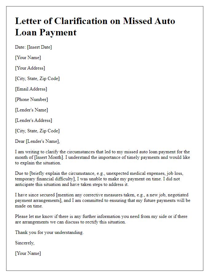 Letter template of clarification on circumstances leading to missed auto loan payment.