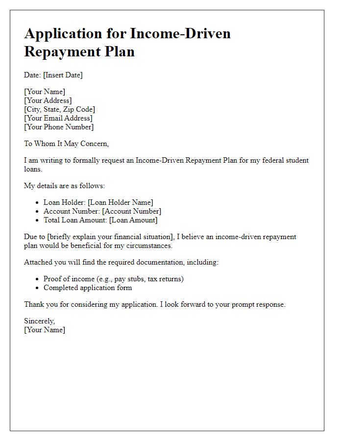 Letter template of application for income-driven repayment plan