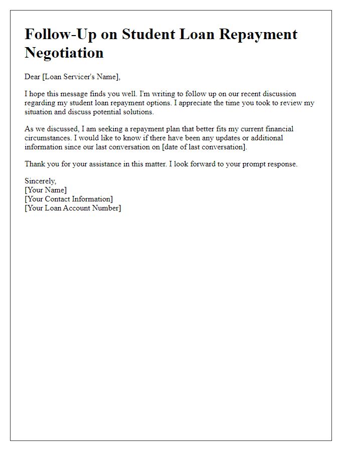 Letter template of follow-up on student loan repayment negotiation