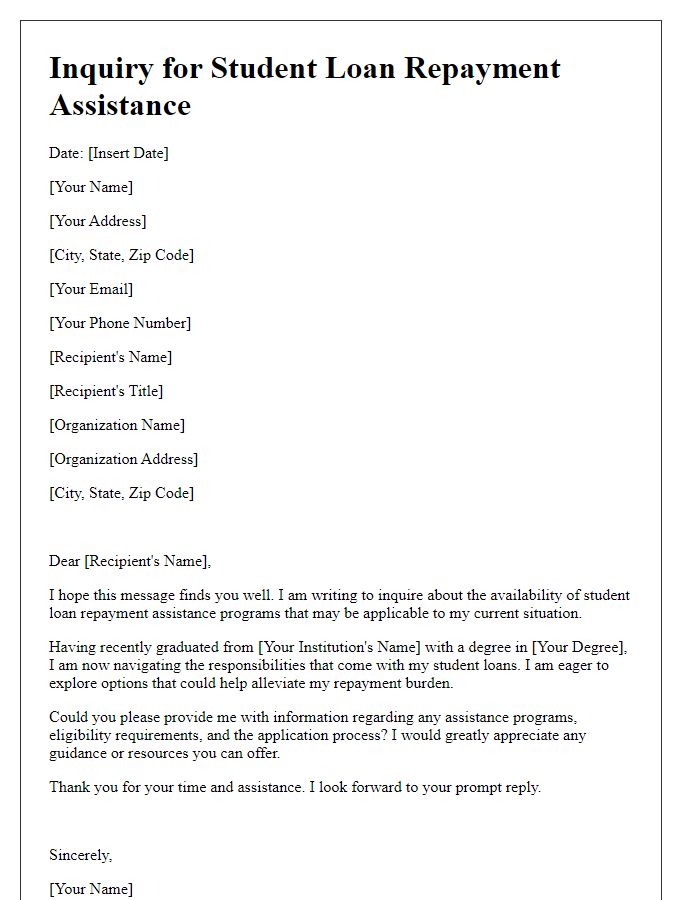 Letter template of inquiry for student loan repayment assistance