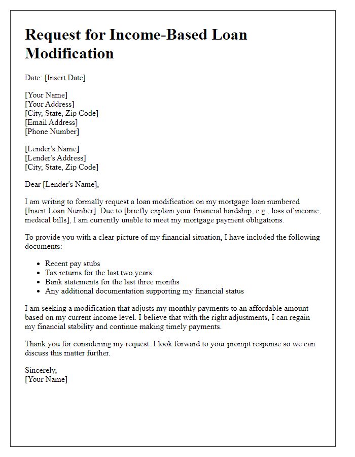 Letter template of submission for income-based loan modification request.