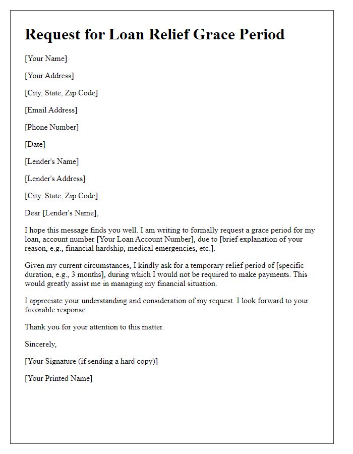 Letter template of demand for a loan relief grace period