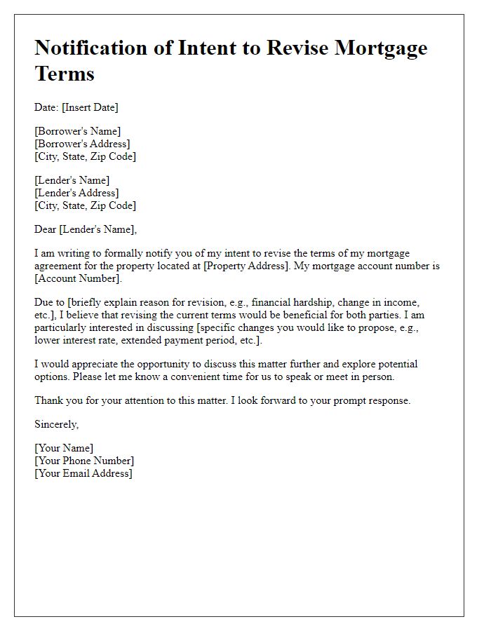 Letter template of notification for intent to revise mortgage terms