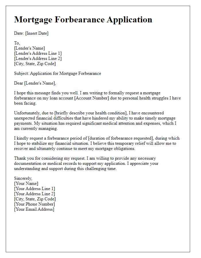 Letter template of mortgage forbearance application due to personal health struggles.