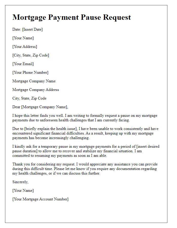 Letter template of mortgage payment pause due to health challenges.