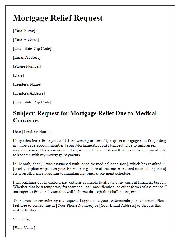 Letter template of mortgage relief request stemming from medical concerns.