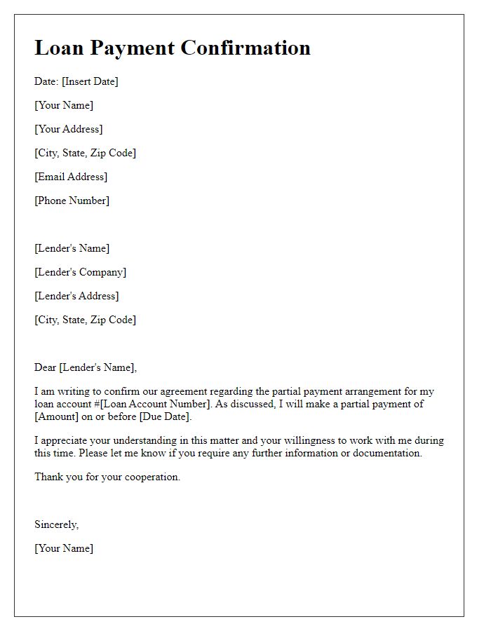 Letter template of confirming partial loan payment arrangement.