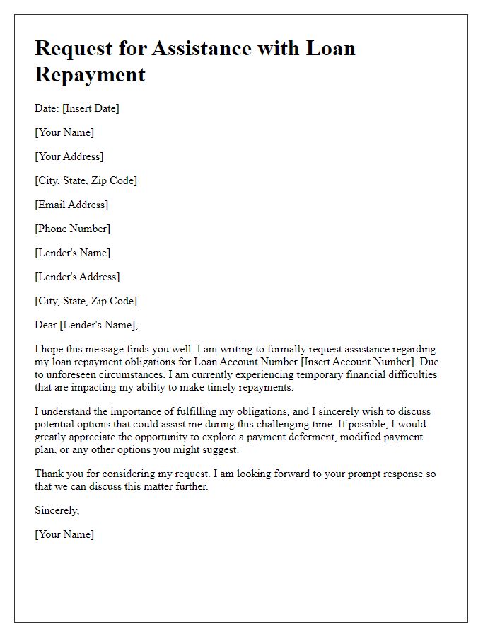 Letter template of seeking assistance with temporary loan repayment issues.