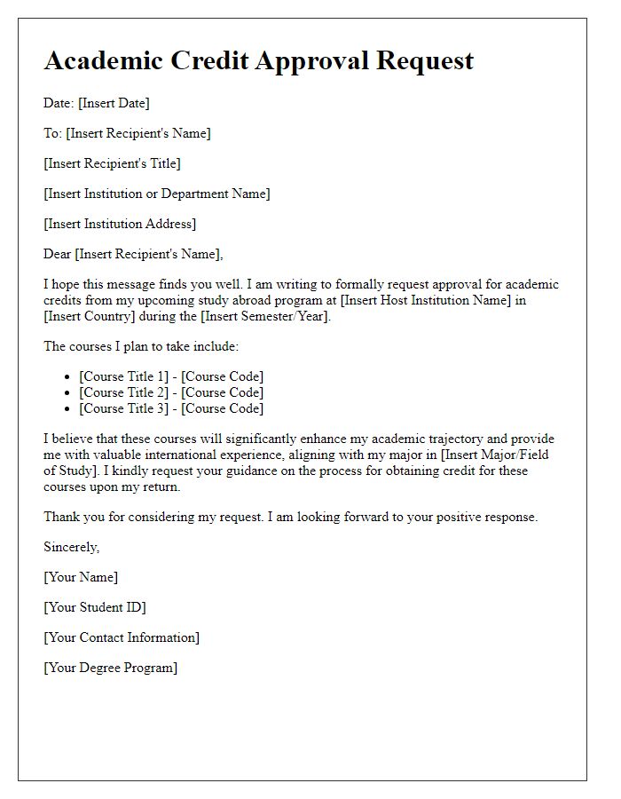 Letter template of study abroad academic credit approval.