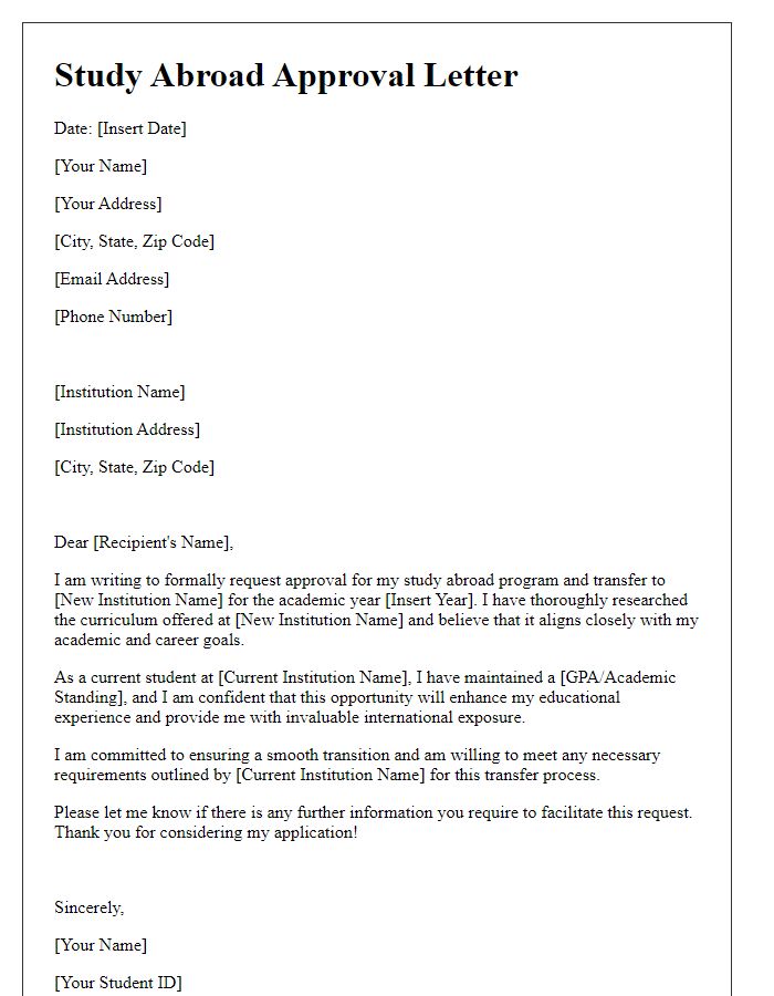 Letter template of study abroad approval for institution transfer.