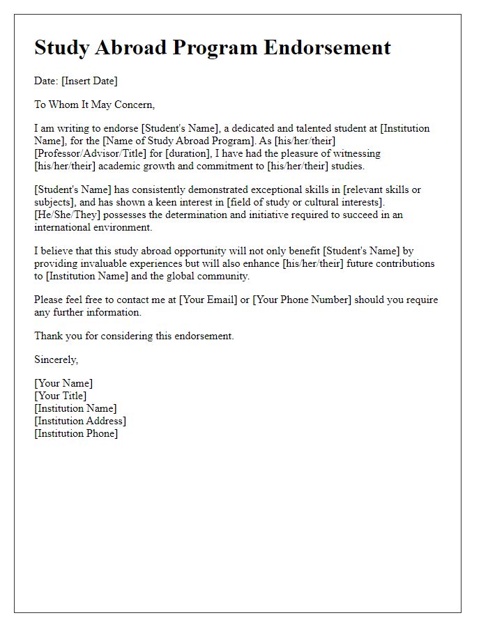 Letter template of study abroad program endorsement for exchange students.