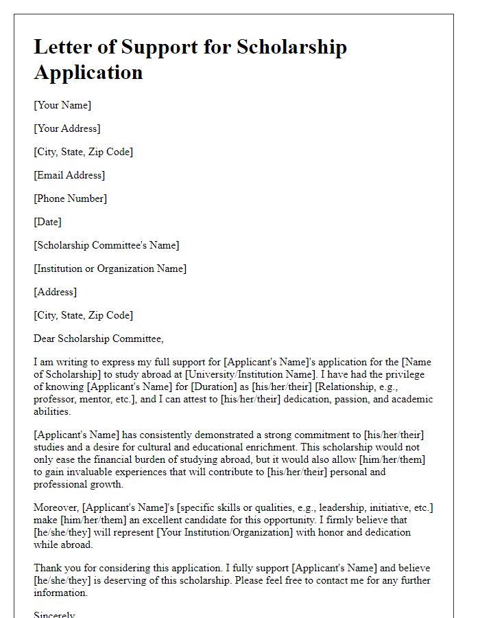 Letter template of study abroad scholarship application support.