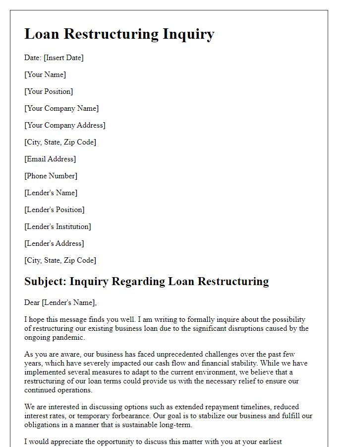 Letter template of business loan restructuring inquiry post-pandemic disruption.