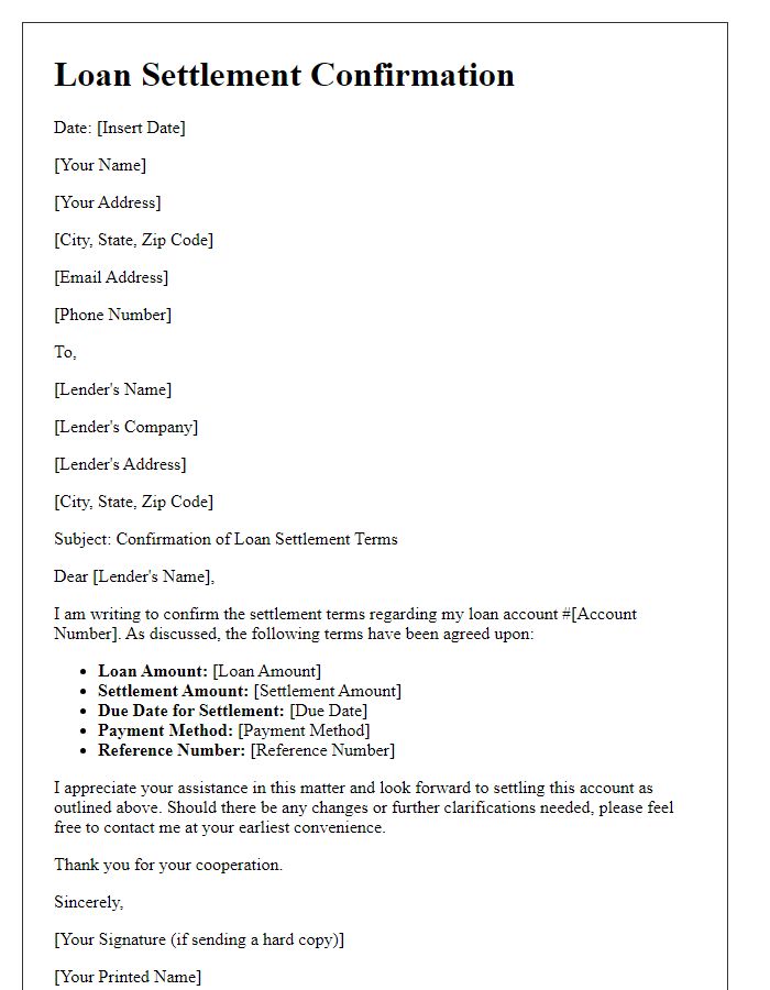 Letter template of confirmation of loan settlement terms