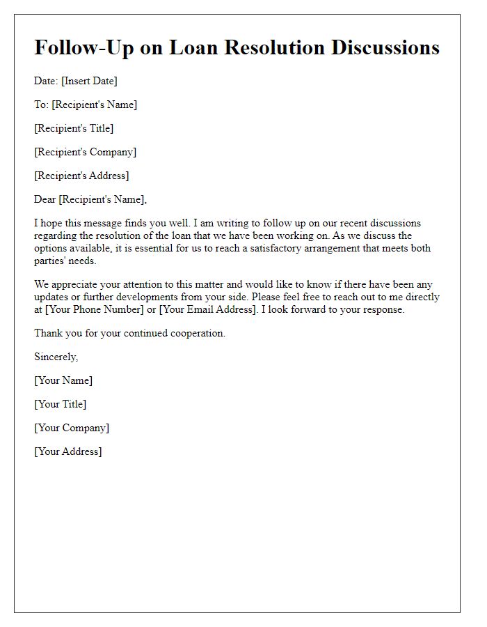Letter template of follow-up on loan resolution discussions