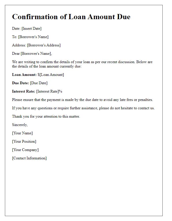 Letter template of confirmation of loan amount due