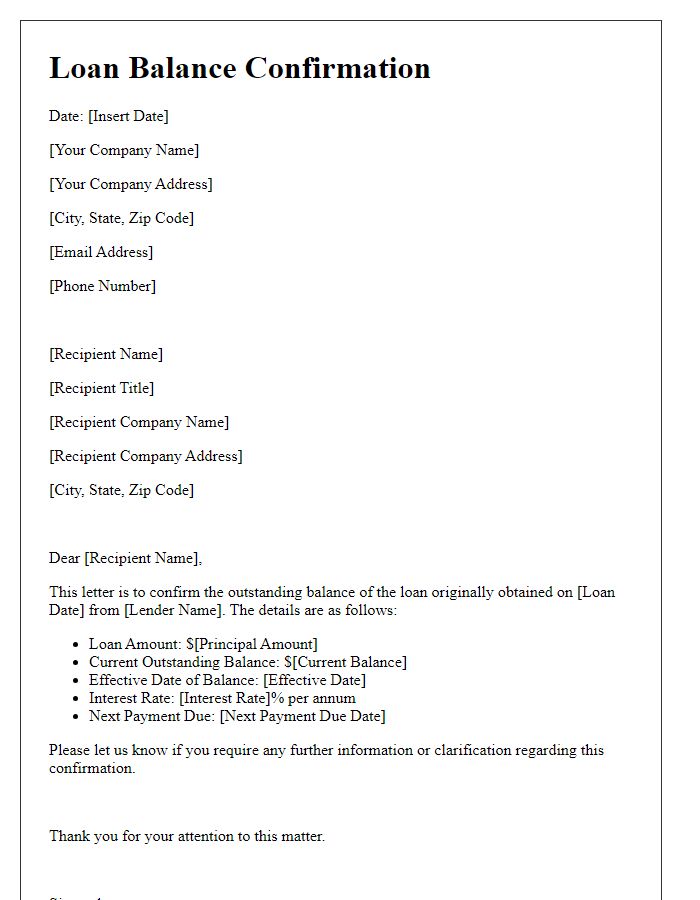 Letter template of loan balance confirmation for audit purposes