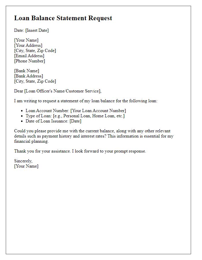 Letter template of loan balance statement request