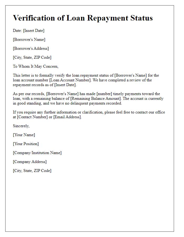 Letter template of verification for loan repayment status