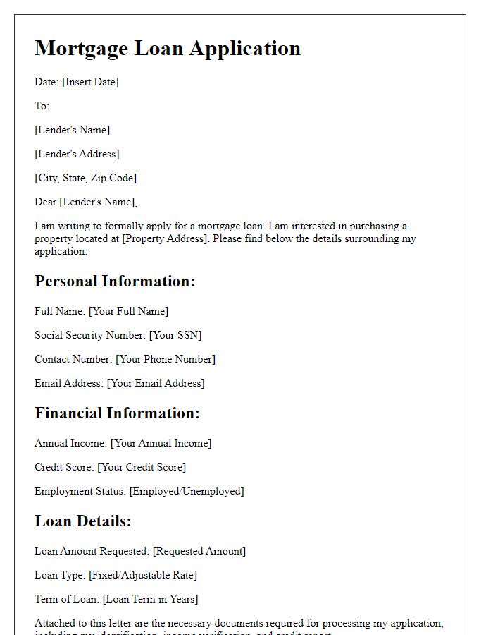 Letter template of mortgage loan application