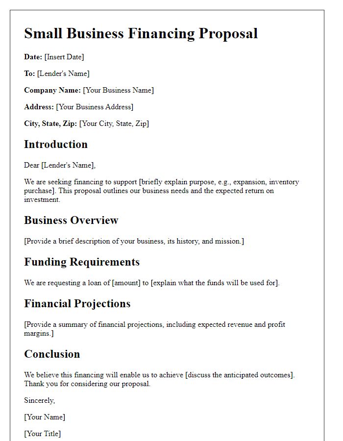 Letter template of small business financing proposal