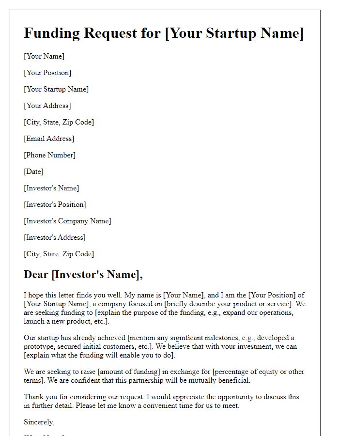 Letter template of startup funding request