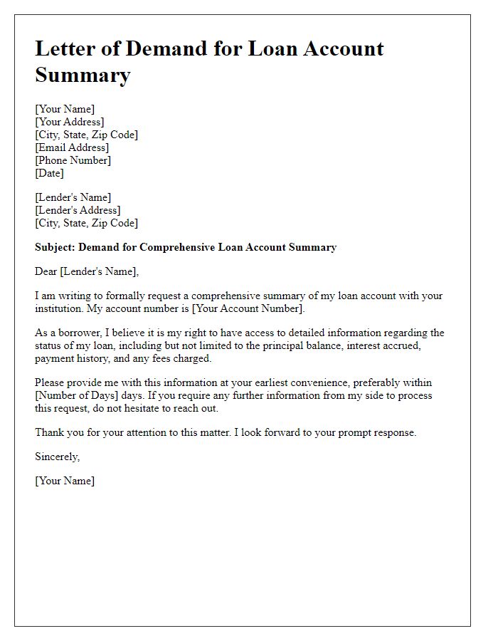 Letter template of demand for comprehensive loan account summary