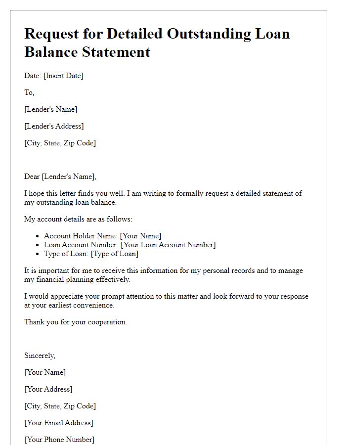 Letter template of request for detailed outstanding loan balance statement