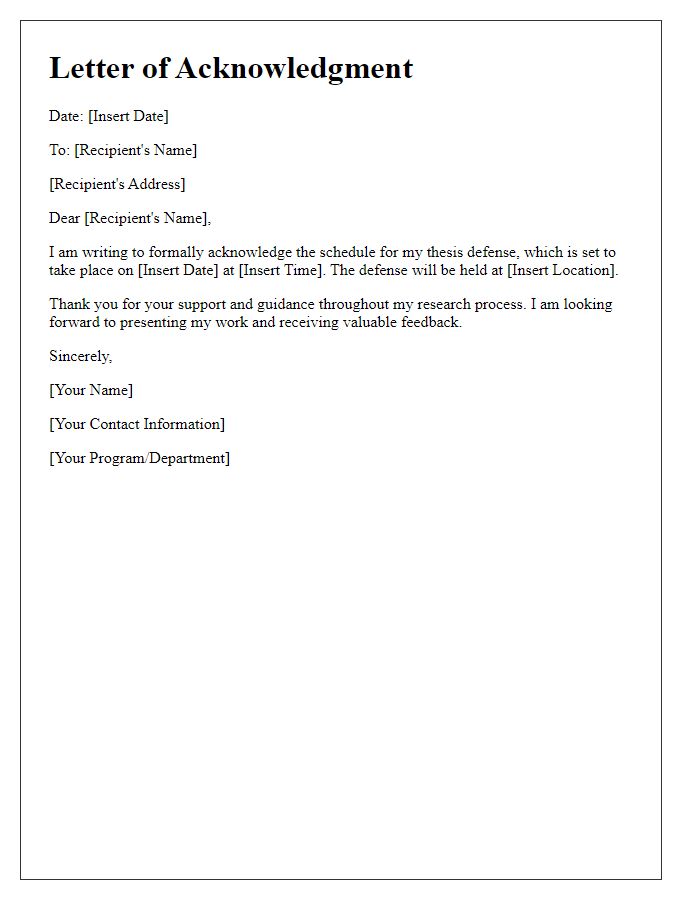 Letter template of acknowledgment of thesis defense schedule