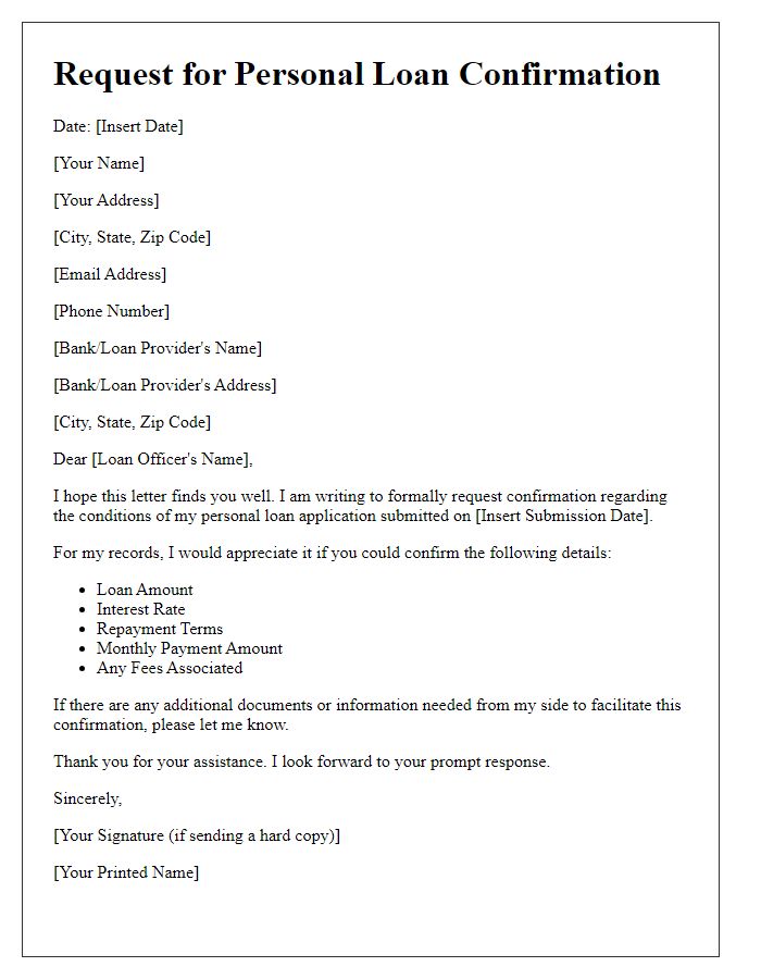 Letter template of confirmation request for personal loan conditions