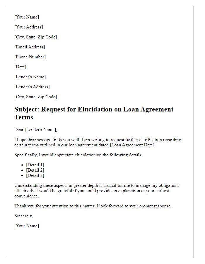 Letter template of request for elucidation on loan agreement terms