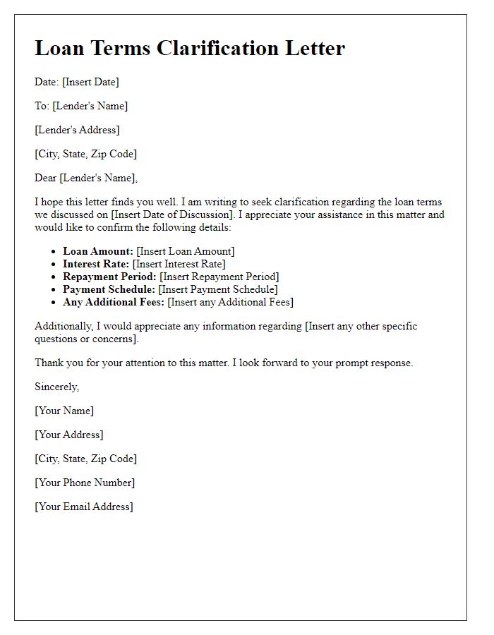 Letter template of understanding clarification for loan terms