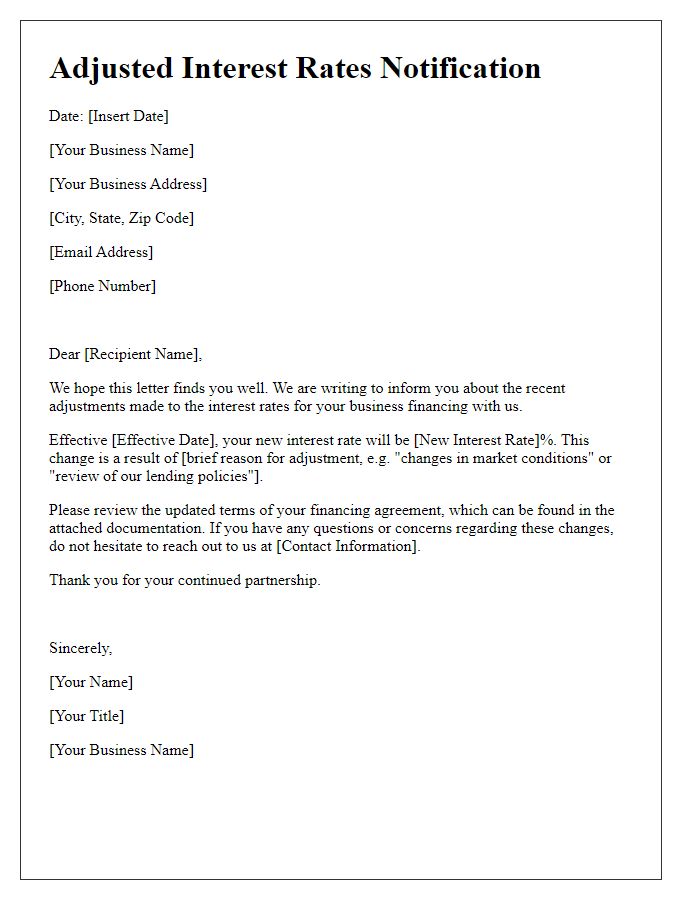 Letter template of adjusted interest rates for business financing